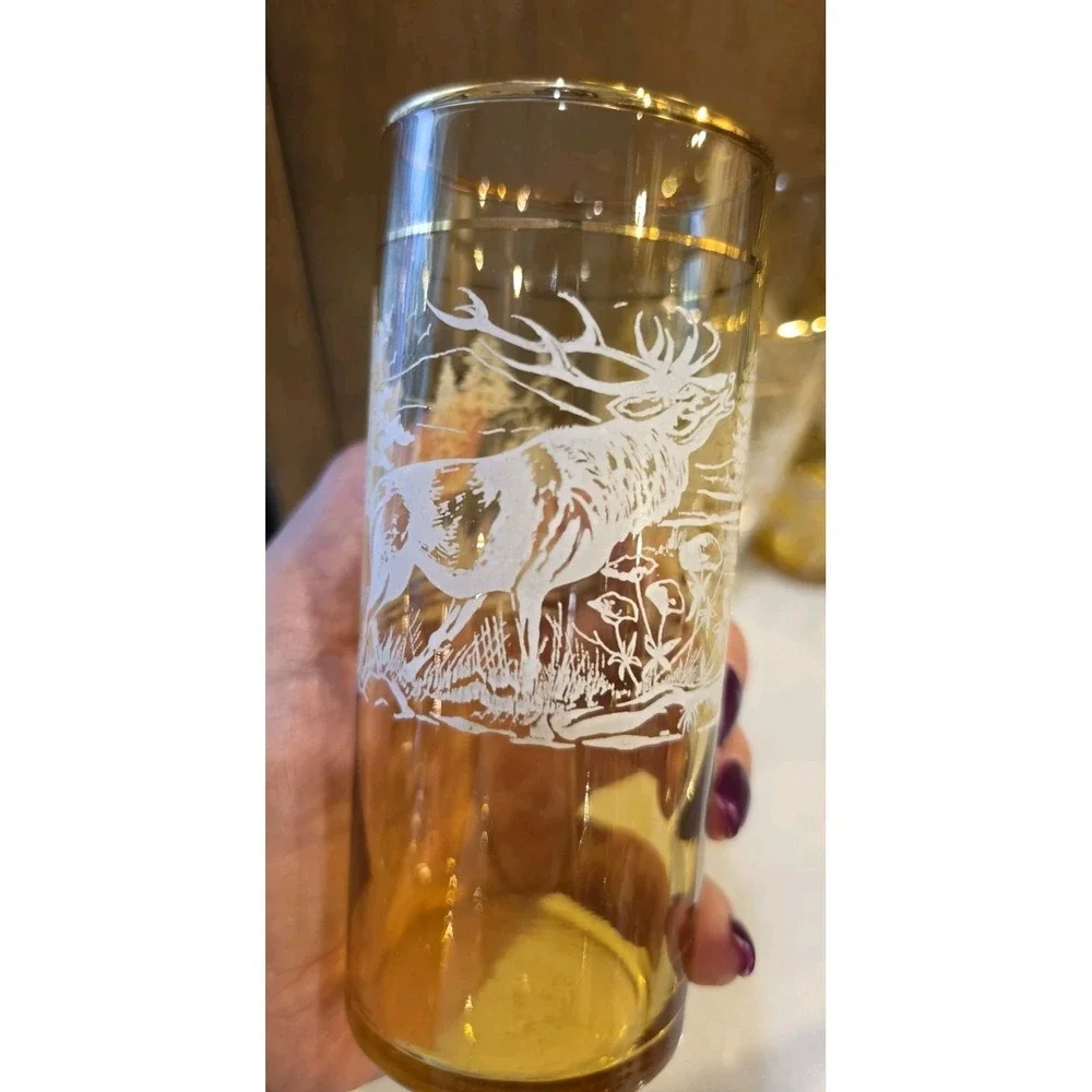 VTG Amber Highball Glasses Frosted White‎ Deer Stag Forest MCM Barware Set 4